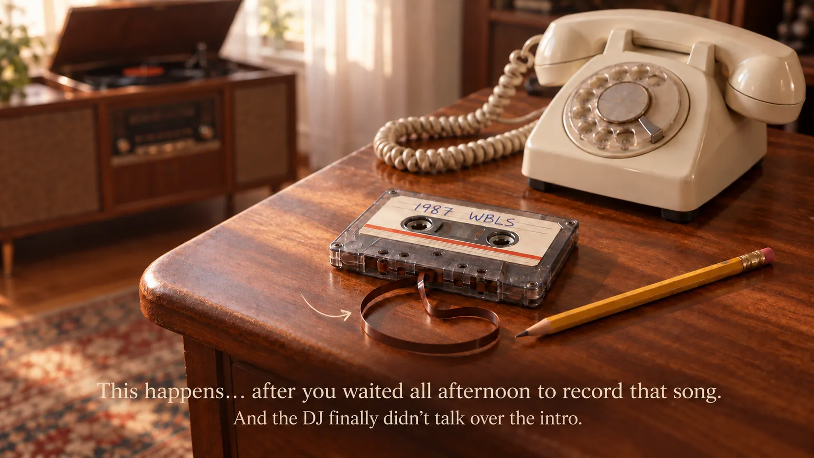 A rotary telephone, an unspooled cassette, and a pencil on a wooden table beside a record player. Caption: This happens… after you waited all afternoon to record that song. And the DJ finally didn’t talk over the intro.