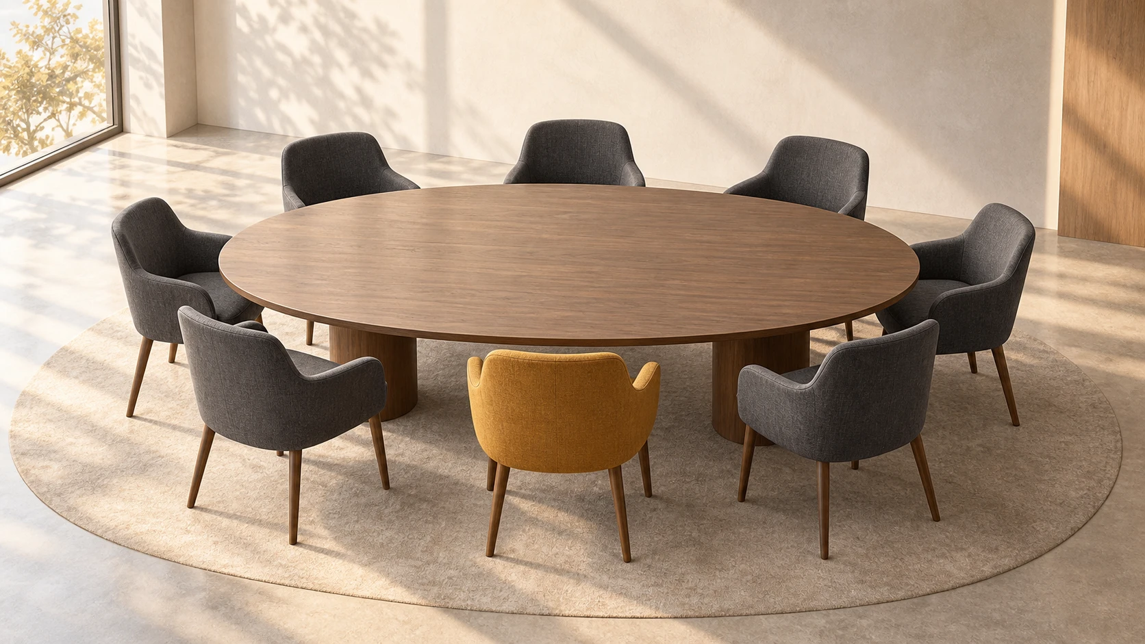 One mustard-yellow chair among dark gray chairs around a round wooden conference table.